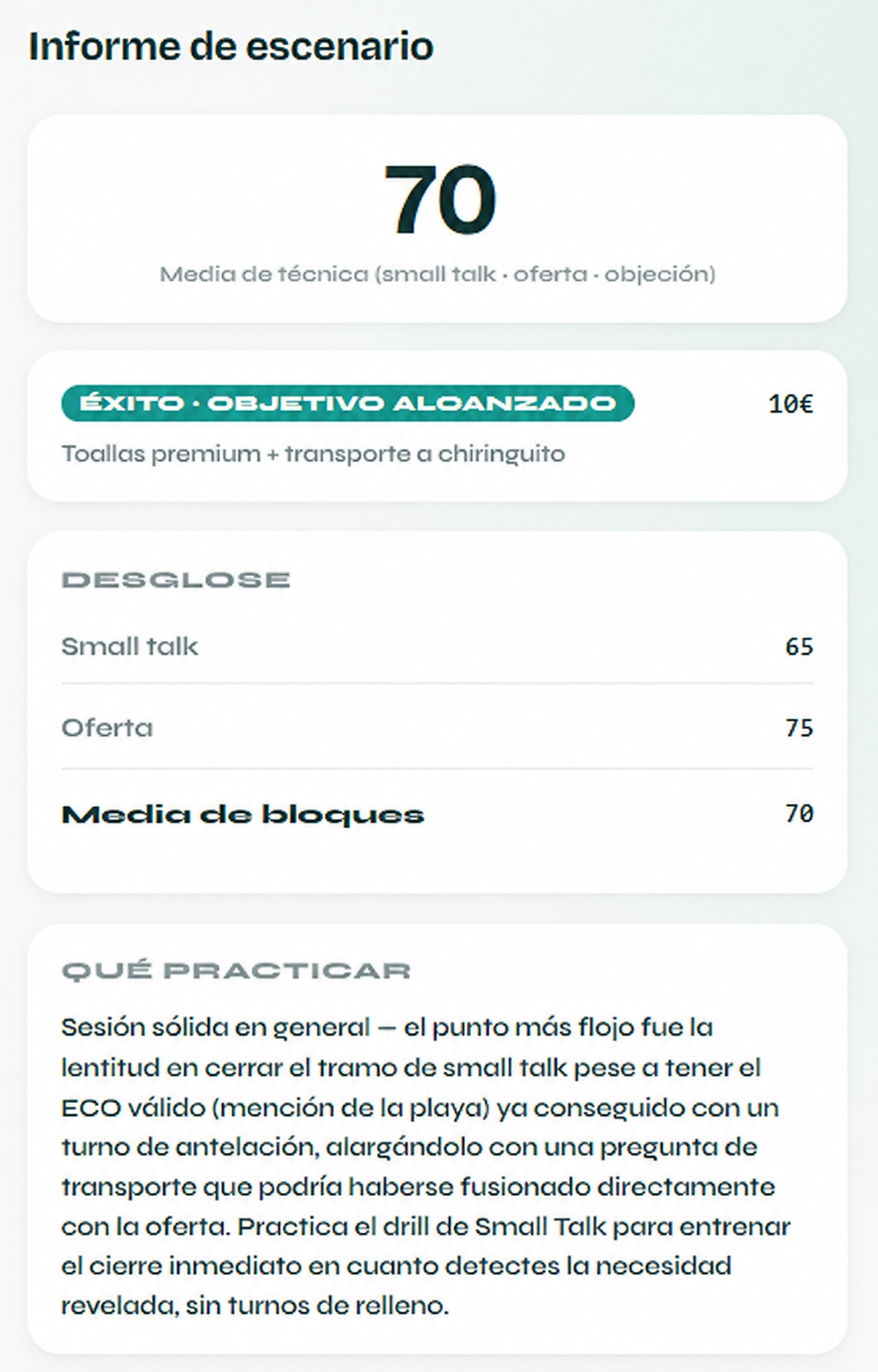 Resultado de un escenario de Front Trainer
